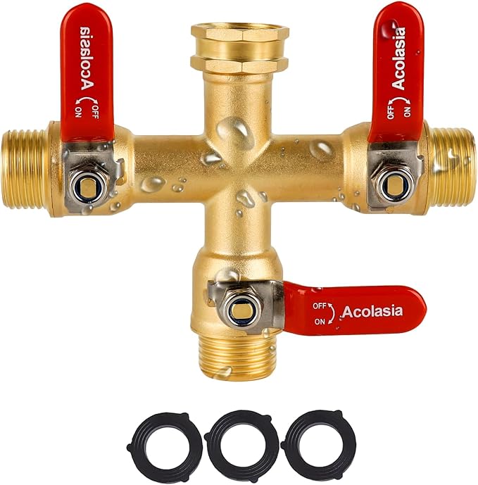 Hose Splitter 3 Way Heavy Duty Brass Garden Hose Splitter with 304 Stainless Steel Long Handle Outdoor Full Flow Hose Splitter Connector, 3/4" GHT Thread