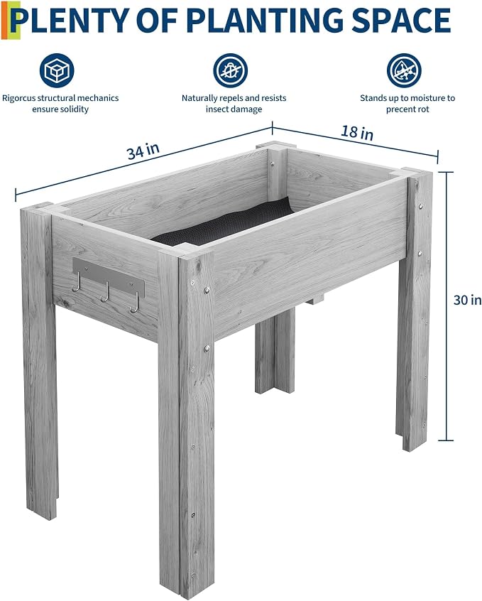 34x18x30IN Wooden Raised Garden Bed with Legs, Elevated Reinforced Large Planter Box for Vegetable Flower Herb Outdoor, Standing Growing Bed for Gardening/Backyard/Patio/Balcony, Liner Included