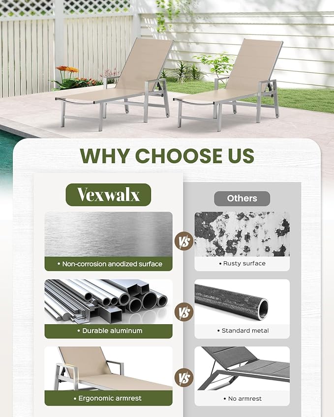 Patio Chaise Lounge Chair Outdoor Set of 2 with Wheels&Armrests, Aluminum Pool Lounge Chairs Five-Position Adjustable Recliner, Outdoor Beach Lounge Chairs for Poolside, Patio, Deck, Yard, Khaki