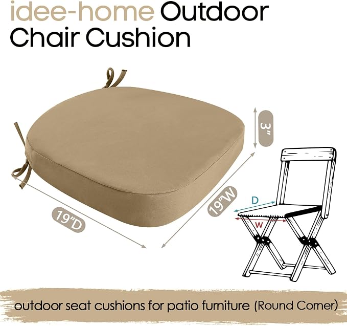 idee-home Outdoor Chair Cushions Set of 4, 19" x 19" x 3" Thick D-Shaped Patio Furniture Outdoor Seat Cushions Waterproof with Ties, Dining Pads
