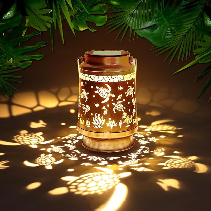 Turtle Gifts for Women Mom, Sea Turtle Solar Lantern Outdoor, Metal Hanging Garden Decor Light for Patio Yard Porch, Waterproof Solar Light Auto On/Off