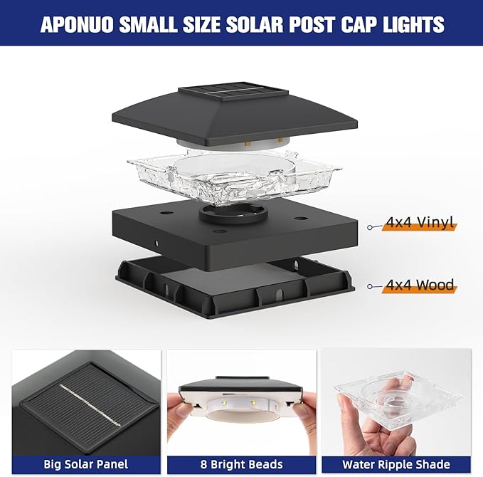 APONUO Solar Post Cap Lights for 4x4 Posts - IP64 Waterproof, 3000K LED, No-Wire Fence Lights & Deck Lights for Patio Garden Yard Patio, Black-Warm White, 8 Pack