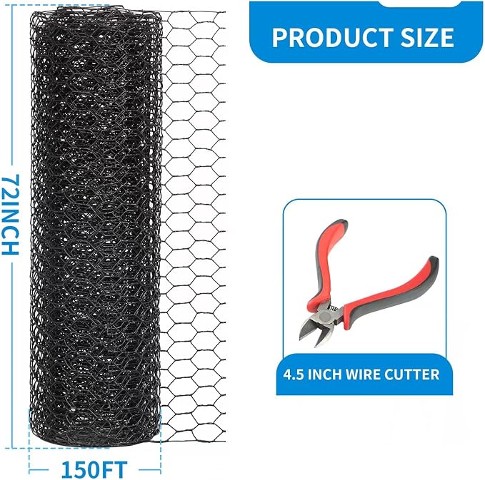 72'' x 150' Black Chicken Wire Fencing, 1 inch Chicken Wire and 19 Gauge Poultry Netting, Garden Mesh Fence Roll for Floral Arrangements/Crafts/Farm/Livestock/Pet Protection