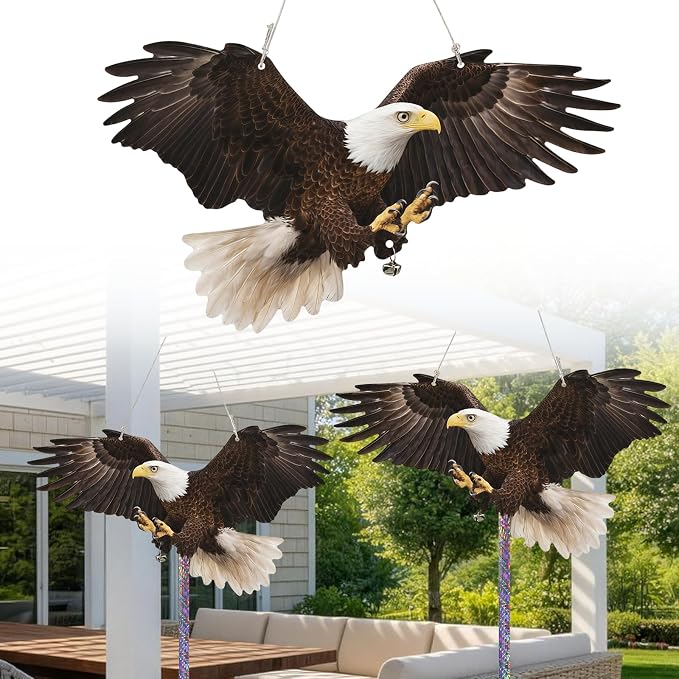 5 Pcs Flat Fake Eagle to Scare Pigeon Woodpecker Away, Hanging Plastic Flat Fake Eagle with Reflective Tape to Scare Animals Away from Contryard Patio Yard Porch Balcony Windows Orchard Farm