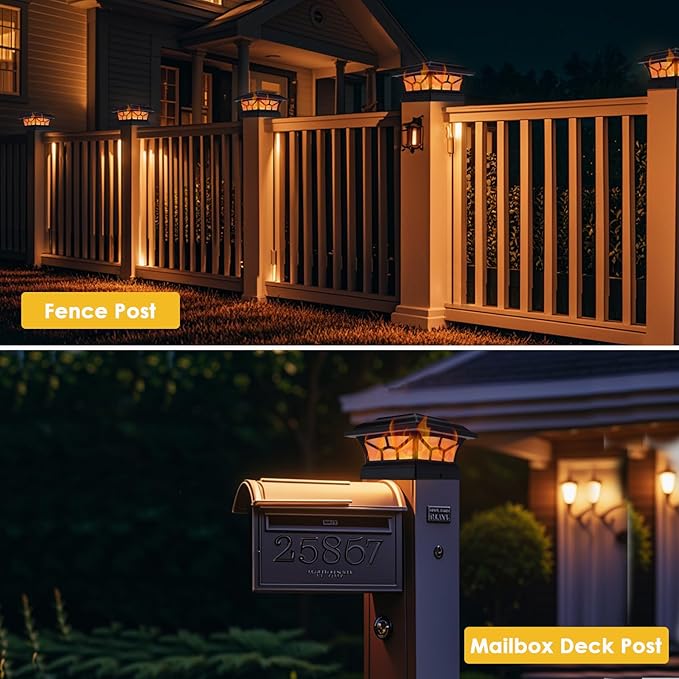 4 Pack Solar Post Cap Lights Outdoor Flickering Flame & Warm White, Fits 4x4 5x5 6x6 Wooden or Vinyl Posts, Waterproof Solar Fence Deck Lights for Yard Garden Patio Decoration.