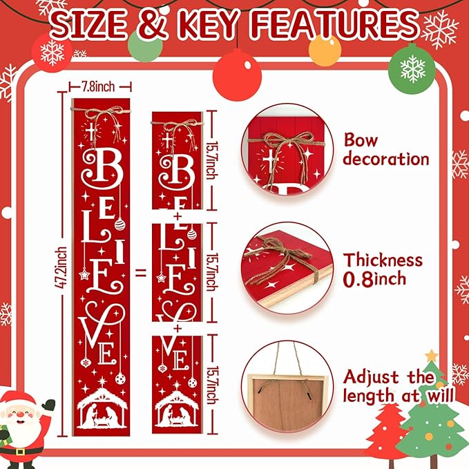 Christmas Porch Sign Believe Nativity Welcome Sign for Front Porch, Red ChristianWood Signs for Patio Jesus Tall Standing Wooden Yard Sign Bless Xmas Decoration for Indoor Outdoor