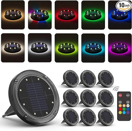 Color Changing Solar Ground Lights with 33ft Long Distance Remote Control - Flat Solar Lights Outdoor Waterproof - Pathway Lights Solar Powered for Yard Decorative Outside Lawn Walkway [10 Pack]