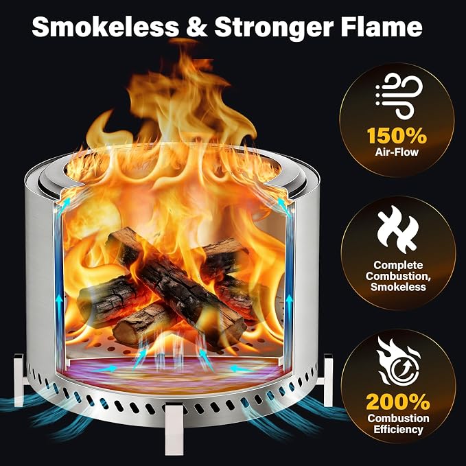 HGD 20 Inch Smokeless Patio Fire Pit, Outdoor Wood Burning Stove, Stainless Steel Firepit for Backyard, Patio, Garden, Picnic