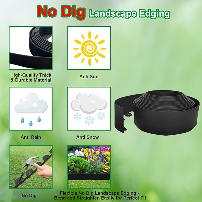 Landscape Edging 33FT,4IN High Garden Edging Borders,Lawn Edging Kit with 30 Spikes, Plastic Fence Edge DIY for Yard,Tree,Flowerbeds,Landscaping,Grass -Black