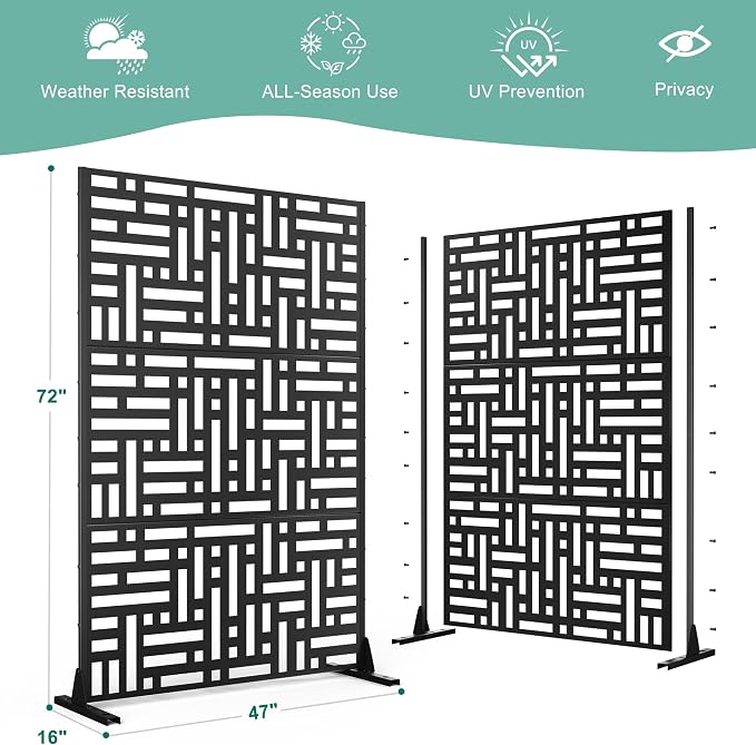 Metal Privacy Screen for Outdoor & Indoor Use, Free Standing Privacy Screen for Patio Garden Pool, 72" H x 47" W Decoative Privacy Panels, Weather Resistant, Easy Assembly (Black Street Floral)