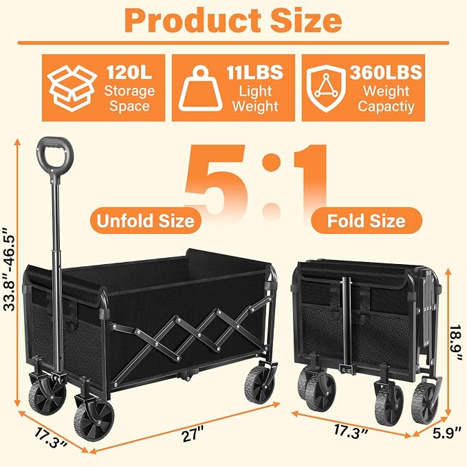 Wagons Carts Foldable,360lbs Collapsible Wagon with Wheels, Lightweight Foldable Wagon Cart with Drink Holders for Camping,Travel,Picnic,Shopping,Sports,Storage,Fashion Black