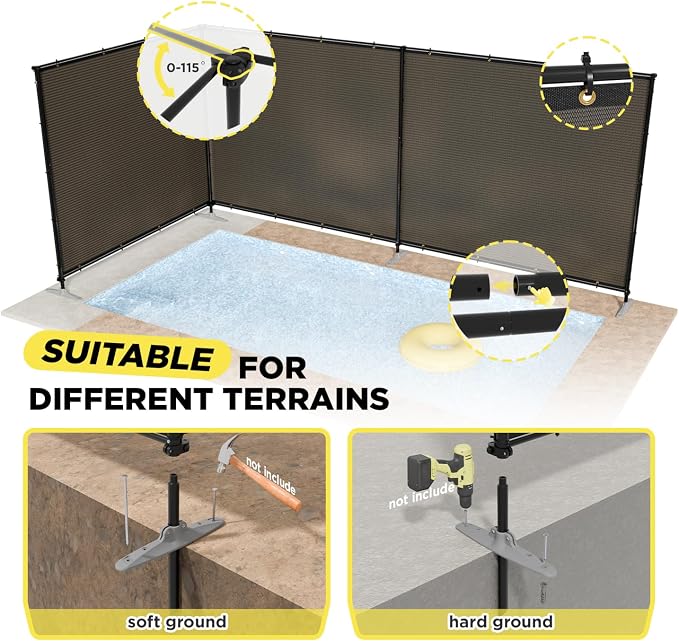 6' x 129' Brown Outdoor Privacy Screen Freestanding 240 GSM Privacy Fence Panels for Outside, Pool Fences with Poles, Backyard Temporary Fencing, Privacy Wall Ground Pole Fence