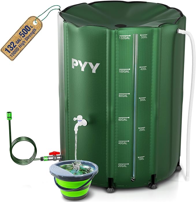 PYY Rain Water Collection Barrel 132 Gallon - Water Storage Tank with Spigots, Hose and Portable Bucket, Large Plastic Collapsible Rain Catcher Catchment System to Collect Rainwater from Gutter