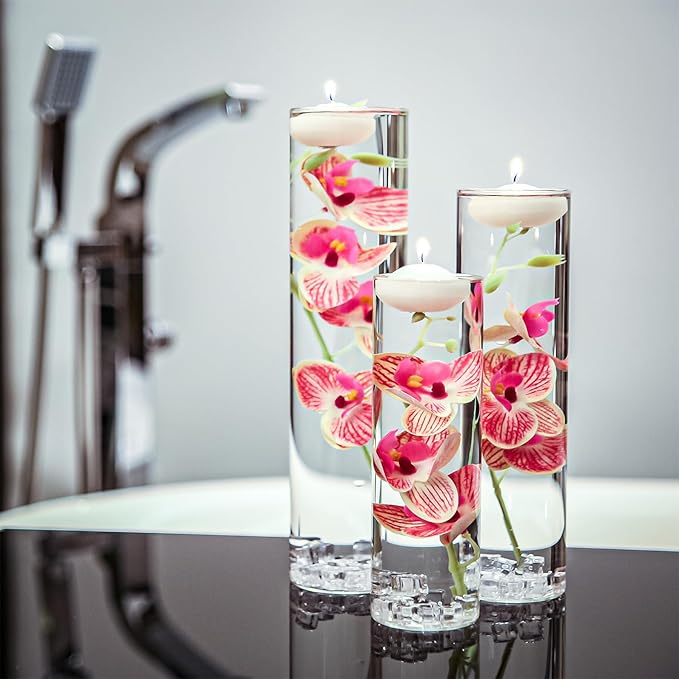 Artificial Orchid Floating Flower for Table Centerpieces Glass Cylinder Vase Fillers Floating Candles Fake Ice Cubes Peach Set for Wedding Party Pool Bar Restaurant Festival Decoration