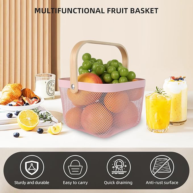 Mesh Steel Garden Harvest Basket with Wood Handle,Hanging Kitchen Baskets Outdoor Basket,Harvest Basket for Garden Vegetables,For Shopping Kitchen Bathroom Home(Pink)