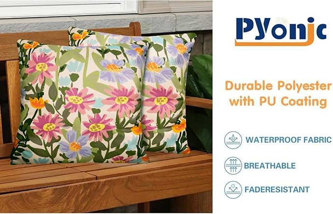Pyonic Outdoor Pillows Waterproof Cover Pack of 2 Floral Waterproof Throw Pillows 18x18 inch for Patio Furniture Garden Furniture