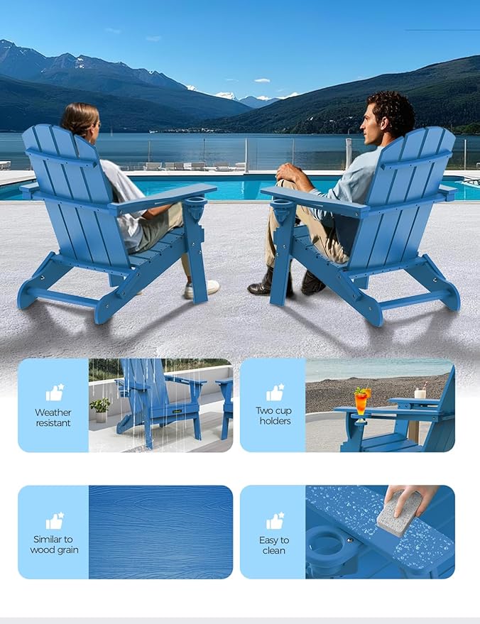 Folding Adirondack Chair Set of 4, Wooden Textured Plastic Adirondack Chairs with 2 Cup Holder, Weather Resistant HDPE Fire Pit Chair, Outdoor Patio Chairs for Garden, Backyard, Lawn, Deck, Blue