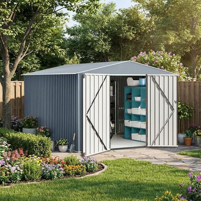 Garvee 10x10ft Metal Shed, Outdoor Garden Tool Storage Shed with Lockable Doors, Large Metal Shed with Sturdy Frame Structure, for Backyard, Patio, Lawn, Grey