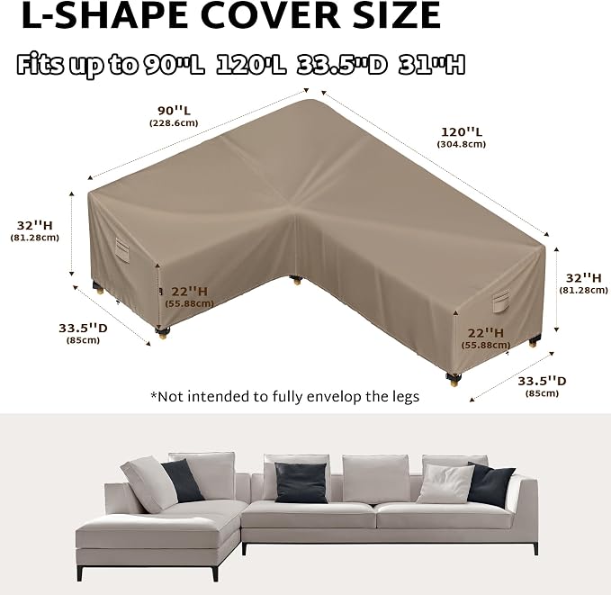iBirdie Outdoor Sectional Cover fit 90 x 120 inch, 89 x 118, L-Shaped Patio Furniture Sofa, Waterproof Weatherproof Heavy Duty 600D Garden Cover for Outside L shape Couch, Brown