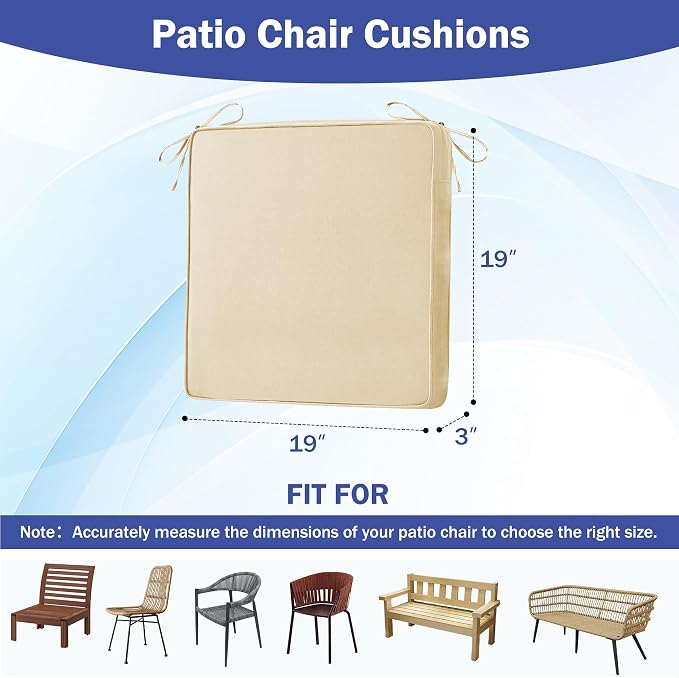 IASEAHK Patio Chair Cushions, 19" x 19" x 3" Outdoor Chair Cushions Set of 4, Waterproof Outdoor Cushions for Patio Furniture, Outdoors Seat Cushions with Handle and Ties, Light Khaki