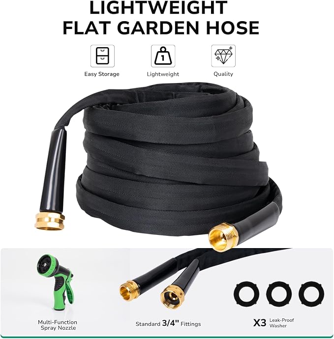 Lightweight Flat Garden Hose 100 FT, 3/4" GHT Flexible Water Hose with Spray Nozzle, Durable 800D Fabric, Kink Free Design, Portable Garden Hose for Lawn, Yard, Car Wash