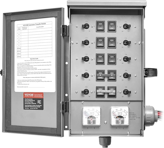 VEVOR Manual Transfer, 30-Amp 10-Circuit, Prewired Generator Transfer Kit with NEMA L14-30P Power Inlet Box, Double-Throw, NEMA 3R, Mechanical Watt Meter, for 7500W Generators