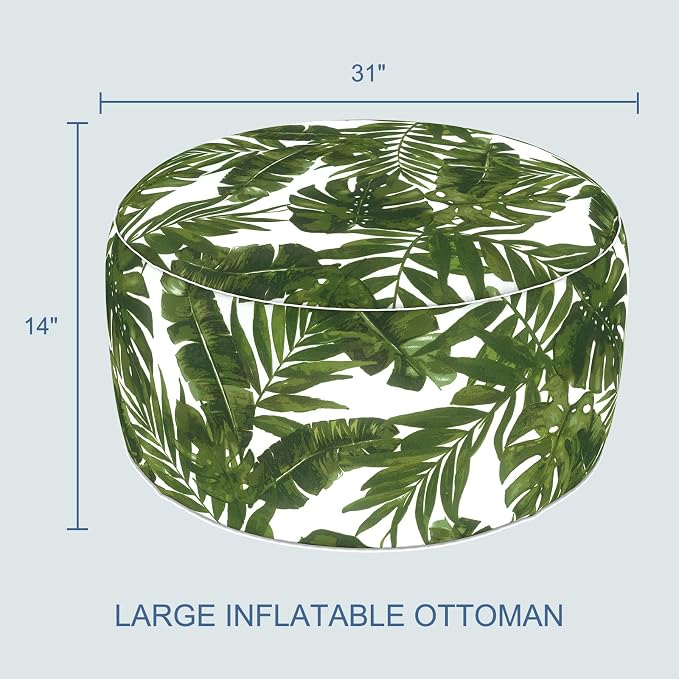 LVTXIII Indoor/Outdoor Large Inflatable Ottoman Pouf D31 x H14 Inch, Round Footstool with Handle, Weather-Resistant Portable Furniture for Patio, Camping, Beach, Palm Green
