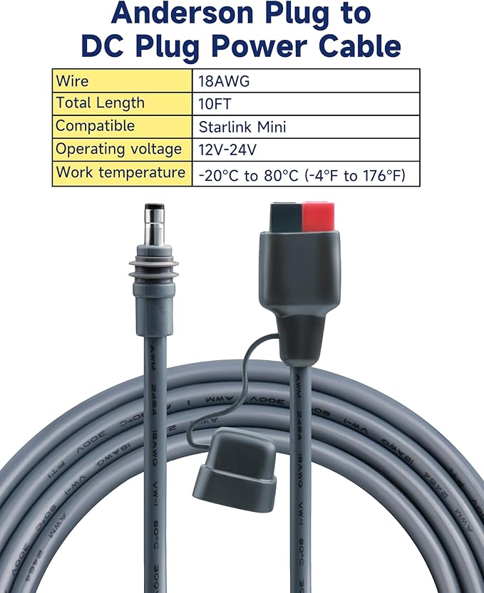DC Power Cable for Starlink Mini Compatible with Anderson Connector, 10FT 18AWG Waterproof DC 5.5x2.1mm to Pole Plug Adapter Cord for Solar Generator RV Battery Bank