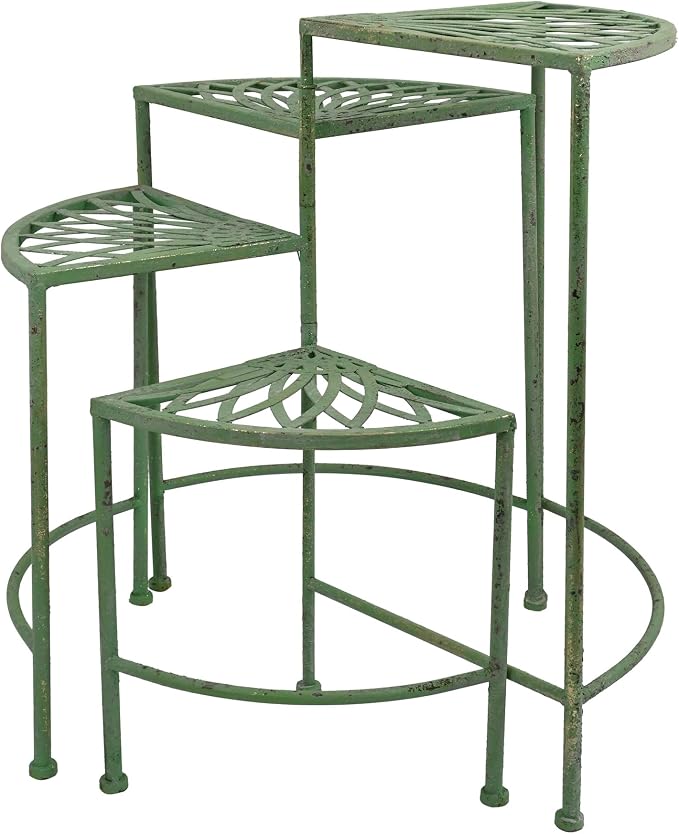 Rustic 4 - Tier Metal Plant Stand - Foldable Distressed Green Corner Plant Rack, Vintage Flower Pot Holder Shelves for Patio Porch Garden Balcony Living Room Use, Indoor/Outdoor Home Decor (Green)