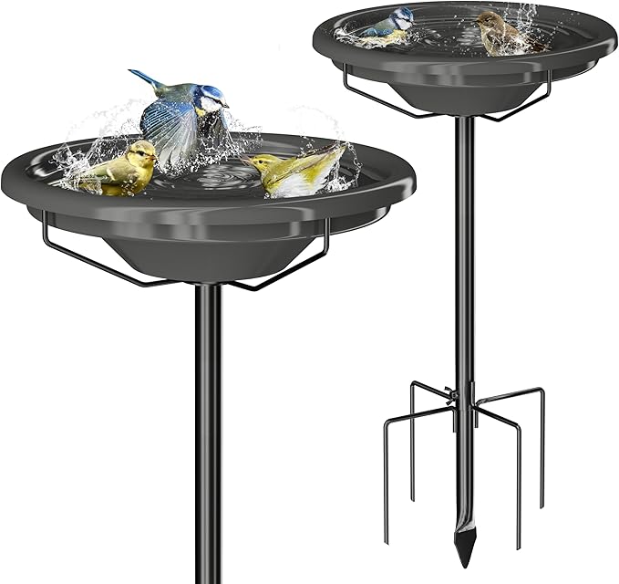 iBorn Bird Bath for Outside,36″ Freestanding Bird Bath with 3 Adjustable Height Pole,12″ BPA-Free Plastic Bowl,5-Prongs Base,Metal Pole and Plastic Birds Baths Bowl,Gray,1 Pack（Not Include Fountain）