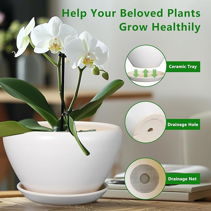 Ceramicfor Ceramic Planter for Indoor Plants - 11 Inch Plant Pot with Drainage Hole and Saucer Decorative Round Large Planter Pot for Plants Outdoor Flower Pot for Garden White