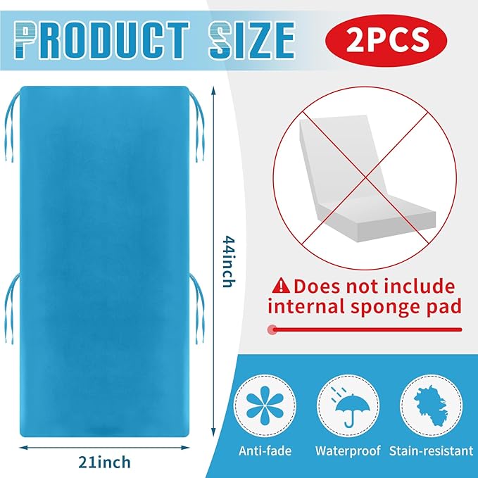Tudomro 2 Pcs Outdoor High Back Chair Cushion Covers (Not Includes Cushion) Waterproof Patio Replacement Rocking Chair Slipcover Seat Pad Cover with Tie for Furniture (Lake Blue,44'' X 21'')