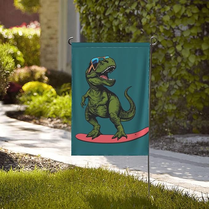 Delerain Green Dinosaur Garden Flag, 12.5 x 18 Inch Double Sided Design Weather Resistant Indoor & Outdoor Decoration Small Banner for Home Yard Lawn Patio Office
