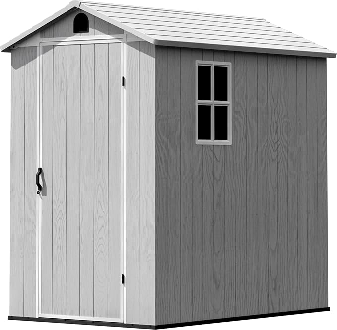 Greesum 4x6FT Plastic Storage Shed with Floor, Resin Outdoor Storaged Sheds with Lockable Door, All Weather Tool Shed with Window and Vent, Easy Assembly for Garden, Backyard, Patio, Light Gray