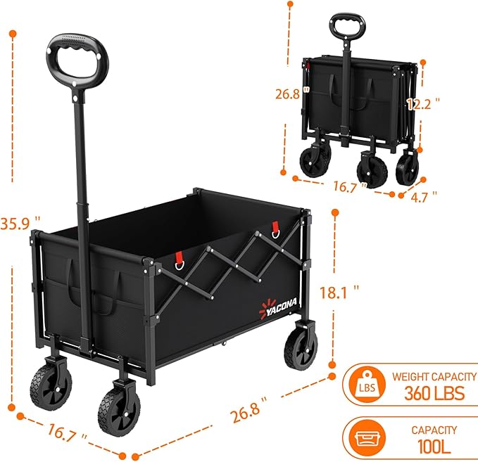 Yozoia Wagons Carts Foldable, Lightweight Portable Utility Shopping Cart with Wheels, Folding Grocery Wagon Cart for Grocery, Camping, Shopping, Beach, Garden, Sports Black