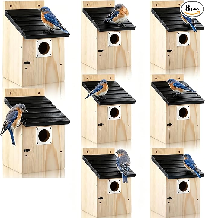 Dreyoo 8 Pack Bluebird Houses for Outside with Metal Predator Guard, 1-1/2" Entrance Hole Wooden Blue Bird Houses for Outdoors, Bluebird Nesting Box with Screwdriver(Black Roof, Wood Body)
