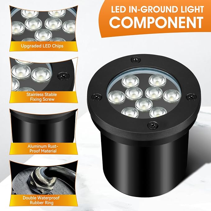 9W Low Voltage Landscape Lights, AC/DC 12-24V In-Ground Lights IP68 Waterproof 2700K Warm White Outdoor Well Lights for Yard Pathway Driveway Deck(6 Pack)