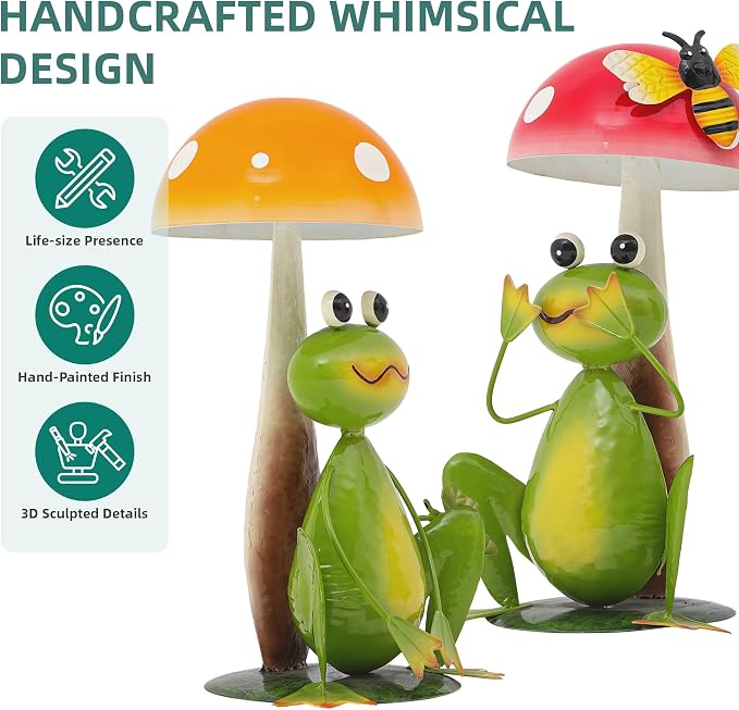 15.3" Large Frog Decor Set of 2, Handcrafted 3D Lifelike Metal Frog with Mushroom Sculpture, Outdoor Yard Art for Garden, Lawn & Home, Ideal Gift for Friends for Birthday Day & Housewarming