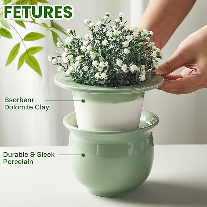 Suclain 2 Pack Ceramic African Violet Pots Self Watering Plant Pot Effortless Self Watering Plant Flower for Busy Lovers, Indoor(Green,6.5 Inch)