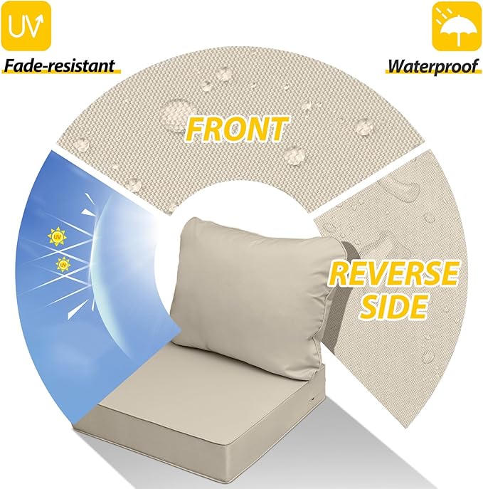 AAAAAcessories Outdoor Seat Cushions for Chairs, Fade-Resistant, Waterproof Patio Furniture Replacement Cushions, 23.5" x 25.5" x 5" + 23.5" x 19", Beige