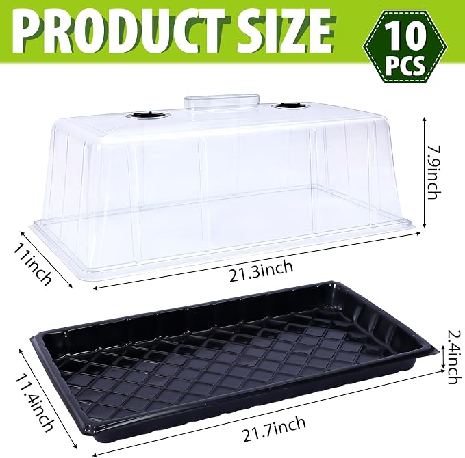 Vesici 10 Pack 1020 Plant Trays with Tall 7.87'' Humidity Domes Bulk Large Seed Tray with Handles 1020 Seed Starting Tray with Lid No Hole for Balcony Garden Seedling Planting Growing Seedling Starter