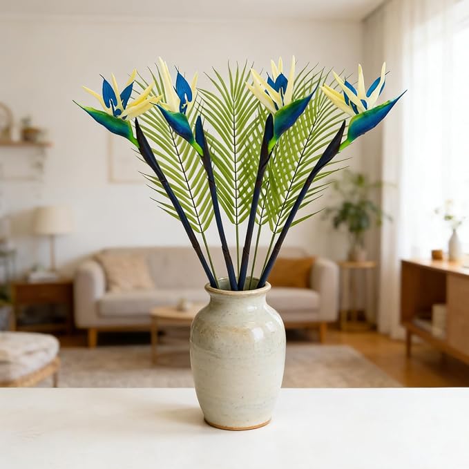 8 PCS Bird of Paradise Artificial Plant Combo Palm Leaves,4 Faux Bird of Paradise Plant with 4 Artificial Palm Leaves for Wedding Garden Office Home Indoor and Outdoor Decor(Blue)