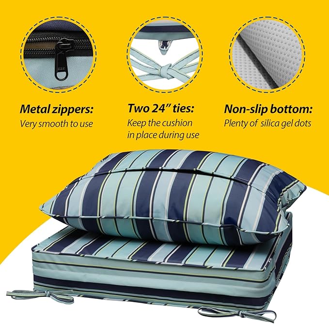 AAAAAcessories Outdoor Seat Cushions for Chairs, Fade-Resistant, Waterproof Patio Furniture Replacement Cushions, 25.5" x 25.5" x 5" + 25.5" x 19", Ash Teal Seaside Stripe