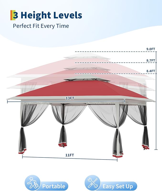 GarveeLife Canopy Tent 13x13 ft, Pop Up Gazebo One-Push Setup with 4 SandBags for Backyard Parties and BBQs, Mosquito Netting & Height Adjustable - Red
