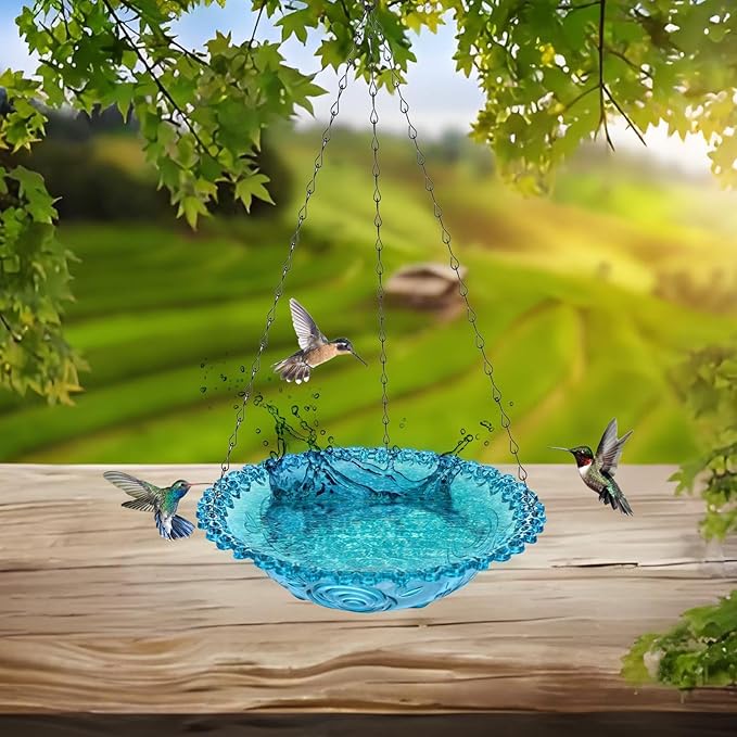 4 Pack Hanging Bird Baths Bowl Outdoor Bird Feeder 15.7 Inch Metal Chains, Weather-Resistant Hanging Bird Feeder & Bath Tray for Garden, Patio, Backyard Wildlife Decor (2P Blue)