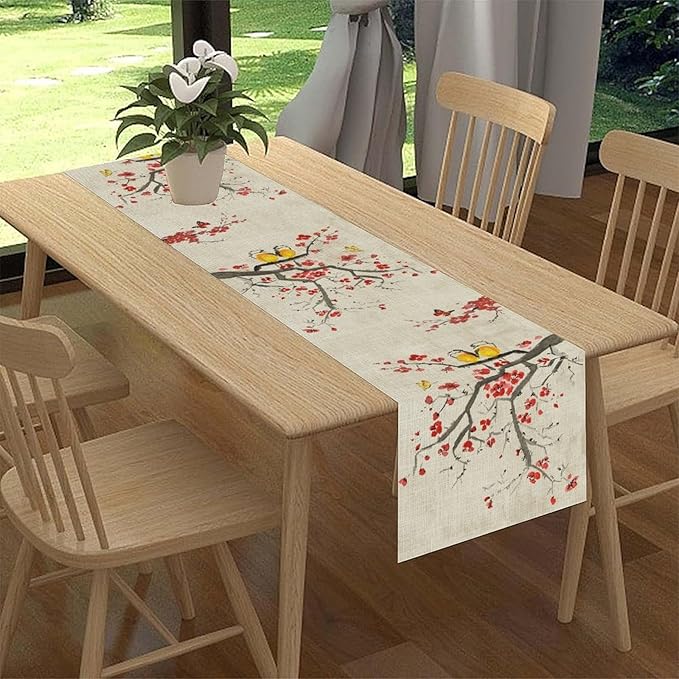 Chinese Birds Table Runner, Rustic Plum Blossom Floral Butterfly Japanese Red Flower Coffee Table Center Decor for Family Kitchen and Dining Living Room Farmhouse Party Table Decorations, 13"x72"