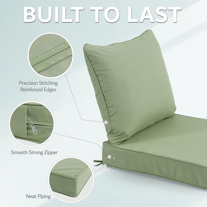 19x19 Inch Patio Chair Cushions Set of 2, Outdoor Furniture Cushions - Removable Cover, Water-Repellent, Fade-Resistant, Non-Slip Bottom & Straps, Replacement for Lawn, Porch & Deck Chair - Sage Green