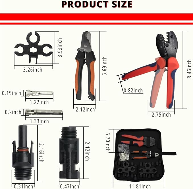Solar Crimper Stripper Tool Kit，With Wire Stripper, 12 Pairs Solar Connectors, 1 PCS Stainless Steel Wire Cable Cutter, 1Pair Solar Spanner Wrench