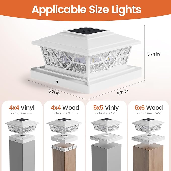 APONUO Solar Post Cap Lights 6 Pack for 4x4 5x5 6x6 Wood Vinyl Fences - Post Lights Solar Powered, IP64 Waterproof, Auto On/Off, for Deck Patio Yard (Warm & Cool White)
