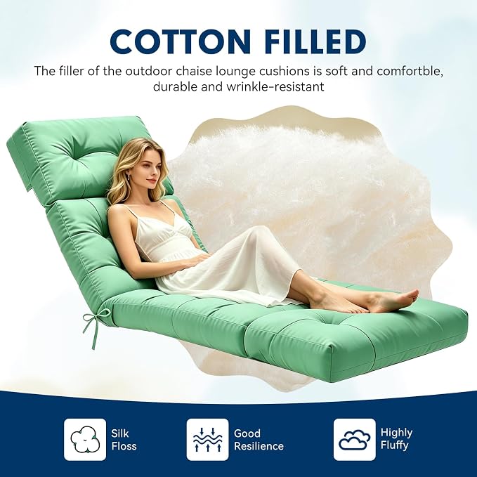 Non-Slip Outdoor Chaise Lounge Chair Cushion, Waterproof 74.4 x 22 x 4.7 Inches Lounge Chair Cushions for Outdoor Patio Furniture with Ties, Pool Chaise Lounge Cushions Replacement, Cyan